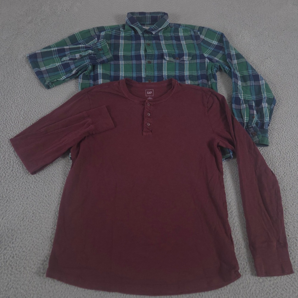 LOT OF 2 Gap Shirt Mens Large Multi Lived-in Henley‎ Plaid Flannel Cotton Bundle